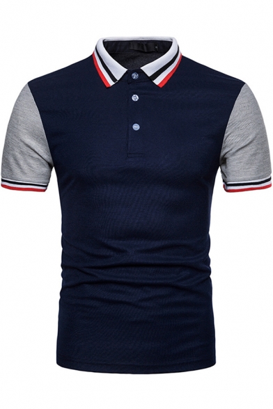 Fashion Colorblocked Rib Collar Striped Trim Short Sleeve Fitted Polo Shirt for Men