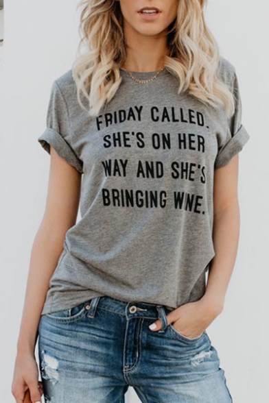 Funny Street Letter FRIDAY CALLED Basic Short Sleeve Round Neck Loose Fit Gray Tee