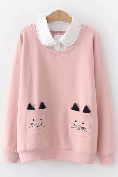 Girls Cute Cartoon Cat Pocket Patched Lapel Collar Long Sleeve Pullover Sweatshirt