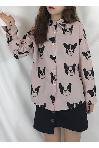 Girls Retro Allover Cartoon Dog Printed Long Sleeve Casual Relaxed Button Shirt