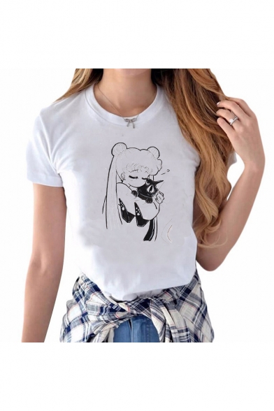 Girls White Basic Round Neck Short Sleeve Cartoon Girl Cat Printed T-Shirt