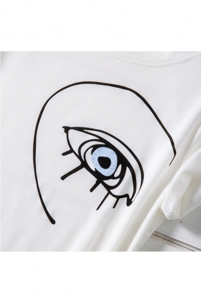 Hot Popular Eye Pattern Round Neck Short Sleeve White T-Shirt