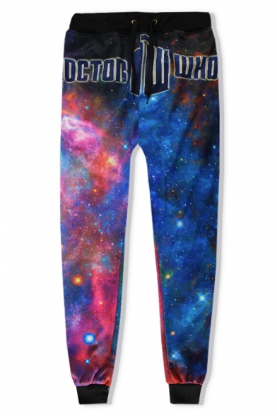 Letter DOCTOR WHO Blue Galaxy Print Drawstring Waist Loose Fit Track Pants