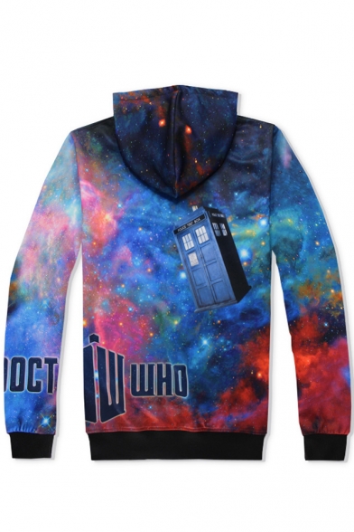 Letter DOCTOR WHO Blue Galaxy Print Long Sleeve Loose Fit Drawstring Hoodie