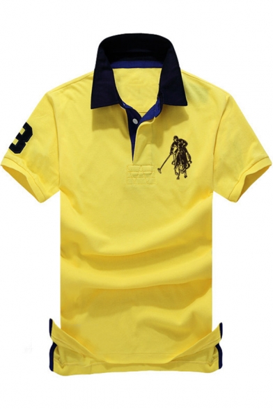 Men Contrast Collar Short Sleeve Simple Logo Chest Classic-Fit Sport Polo Shirt