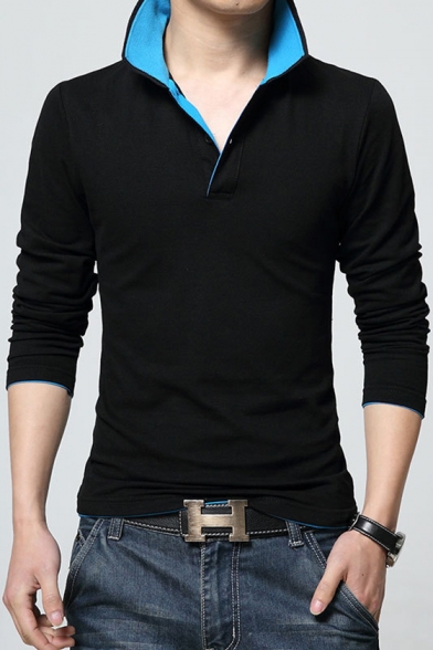 Men's Basic Turn-Down Collar Cotton Long Sleeve Fitted Business Polo