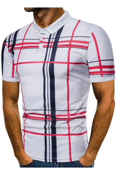 New Stylish Colorful Stripe Plaid Print Short Sleeve Slim Fit Polo Shirt for Men
