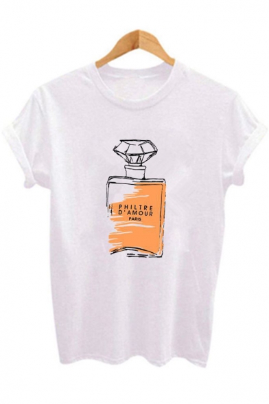 Perfume Bottle Pattern Basic Casual Loose Fit White T-Shirt