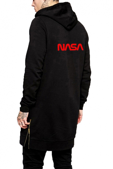 Stylish Simple Letter NASA Logo Printed Zip Closure Side Black Longline Hoodie for Men