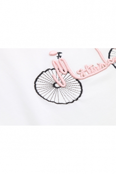 Summer Cute Letter Bike Embroidery Round Neck Relaxed T-Shirt