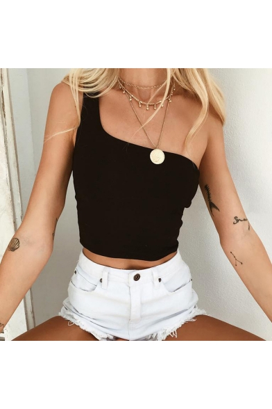 Summer New Trendy Sexy One Shoulder Simple Plain Cropped Tank Top for Women