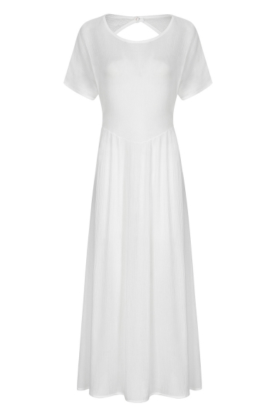 Summer New Trendy Simple Plain Round Neck Short Sleeve Backless Maxi A-Line T-Shirt Dress