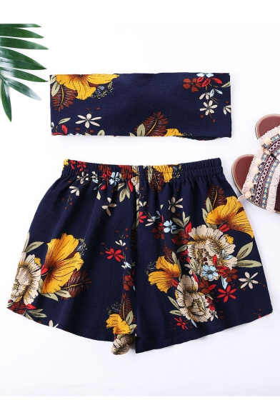 Summer Stylish Floral Printed Knotted Bandeau Top Elastic Waist Shorts Navy Chiffon Set