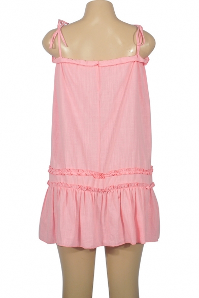 Trendy Drawstring Front Chic Ruffle Hem Simple Plain Mini Swing Cami Dress