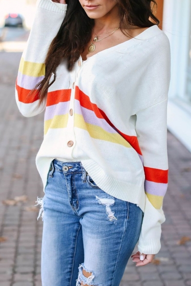 White V-Neck Long Sleeve Striped Printed Button Down Cozy Loose Cardigan