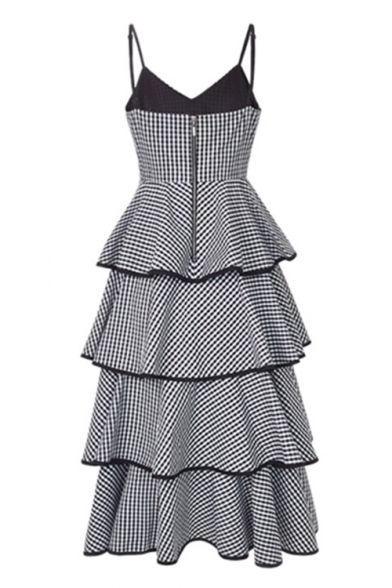 Women's Classic Fashion Black and White Plaid Printed Layered Midi A-Line Cami Cake Dress
