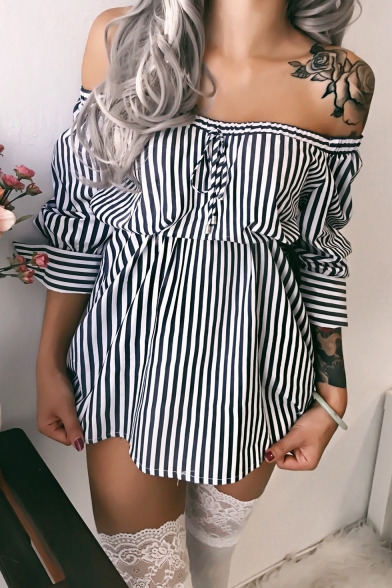 Casual Off the Shoulder Long Sleeve Trendy Striped Printed Button Front Mini A-Line Dress