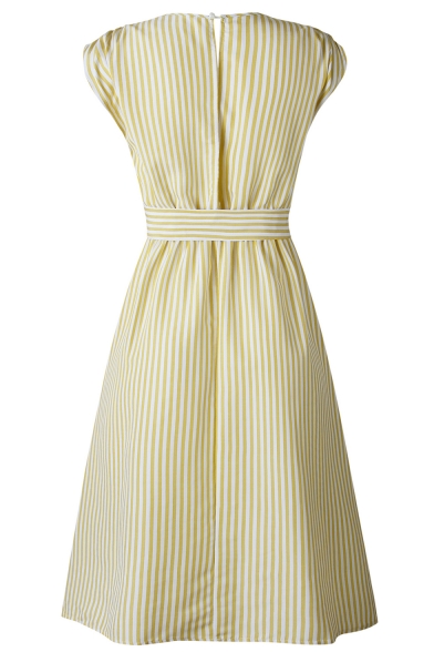 Classic Striped Printed V-Neck Bow-Tied Waist Button Down Midi A-Line Dress