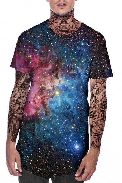 Cool 3D Galaxy Pattern Round Neck Short Sleeve Loose Fit Longline T-Shirt in Blue