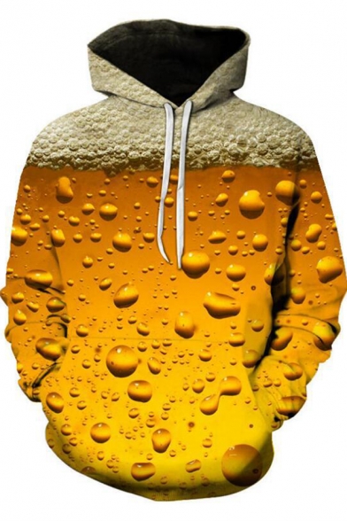 Fashion 3D Beer Bubble Pattern Long Sleeve Yellow Drawstring Hoodie