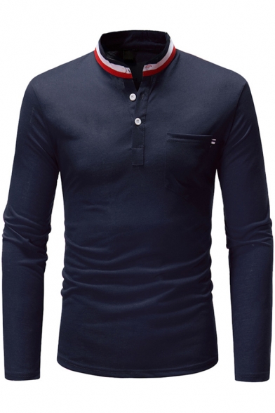 Fashion Rib Trim Stand-Collar Single Pocket Patched Chest Long Sleeve Henley T-Shirt for Men