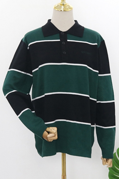 Fashion Striped Printed Polo Collar Long Sleeve Unisex Knit University Sweater