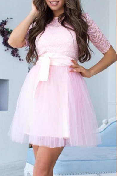 Girls Lovely Lace Round Neck Half-Sleeved Tied Waist Mini A-Line Gauze Dress for Birthday Party