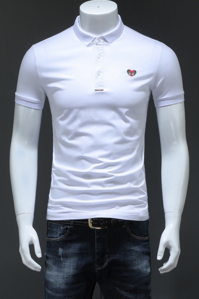 Heart Shaped Bee Embroidery Basic Short Sleeve Cotton Slim Fit Business Polo for Men