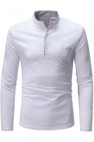 Men's Casual Loose Long Sleeve Stand-Collar Contrast Piping Plain Henley Shirt
