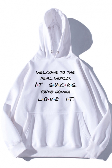 New Popular Letter WELCOME TO THE REAL WORLD Print Unisex Loose Relaxed Hoodie