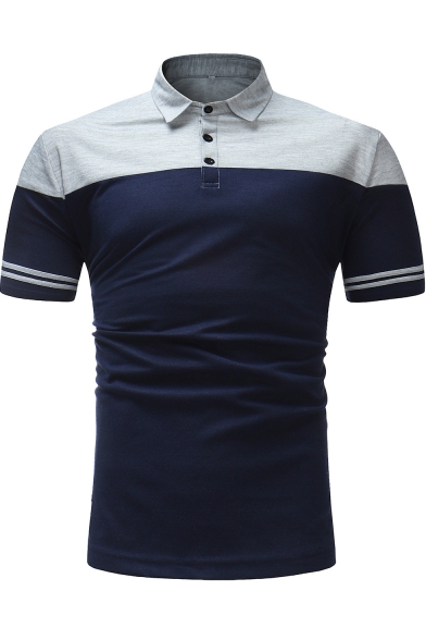 New Trendy Colorblocked Turn-Down Collar Three-Button Short Sleeve Stretch Slim Polo for Men