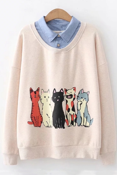 Patched Lapel Collar Lovely Cartoon Cat Printed Long Sleeve Pullover Sweatshirt