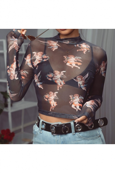 Sexy Black Transparent Mesh Mock Neck Long Sleeve Cute Angel Printed Cropped T-Shirt