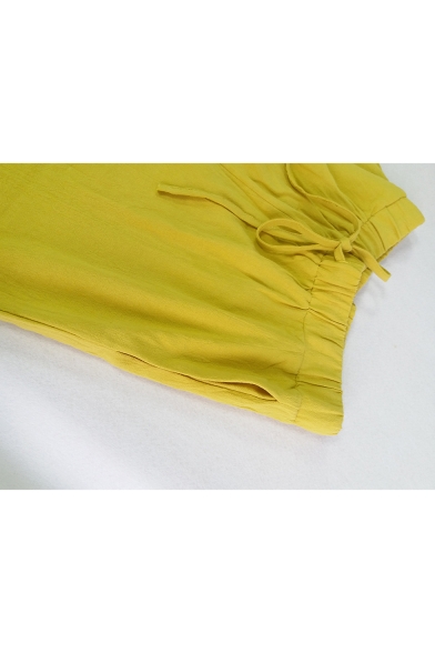 Stylish V-Neck Cropped Tied Top Drawstring Waist Loose Fit Shorts Plain Yellow Set for Women