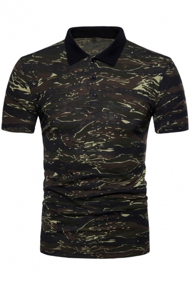 Summer New Stylish Camo Printed Short Sleeve Breathable Slim Fit Polo for Men
