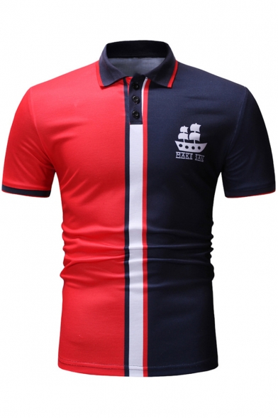 Summer New Stylish Sailing Boat Logo Chest Colorblock Short Sleeve Men Slim Fit Polo Shirt