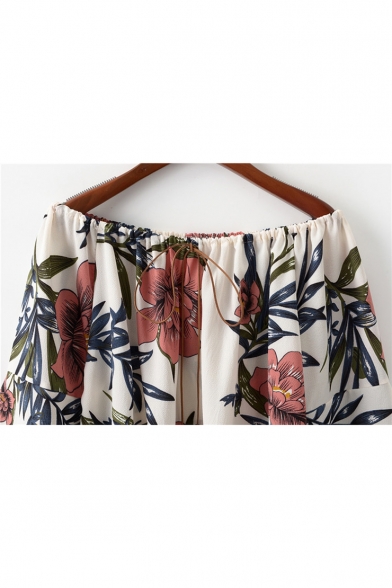 Summer New Trendy Floral Printed Off the Shoulder Long Sleeve Blouse Top