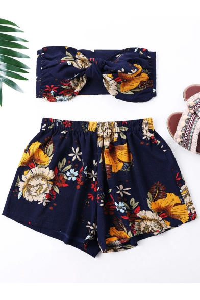 Summer Stylish Floral Printed Knotted Bandeau Top Elastic Waist Shorts Navy Chiffon Set