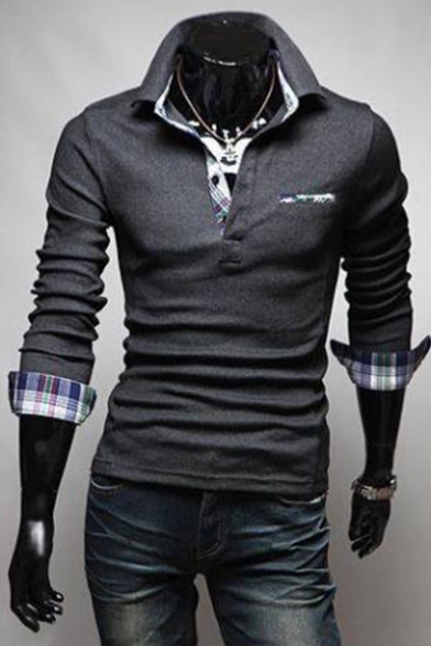 Trendy Plaid Patchwork Long Sleeve Slim Fitted Polo Shirt for Men
