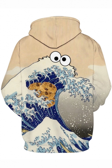 Ukiyo-e 3D Cartoon Wave Cookie Pattern Long Sleeve Pullover Sport Casual Apricot Hoodie