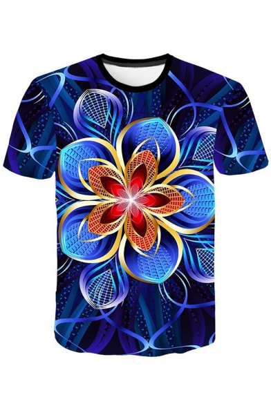 Awesome 3D Line Floral Pattern Blue Short Sleeve Casual T-Shirt