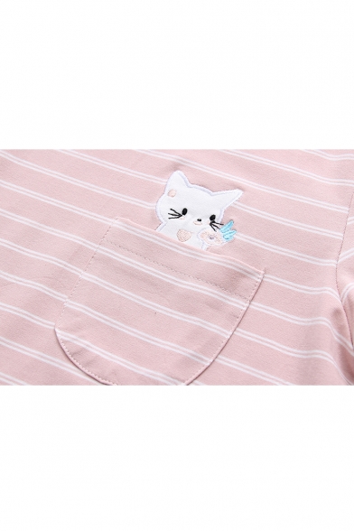 Cartoon Cat Embroidered Pocket Round Neck Short Sleeve Striped T-Shirt