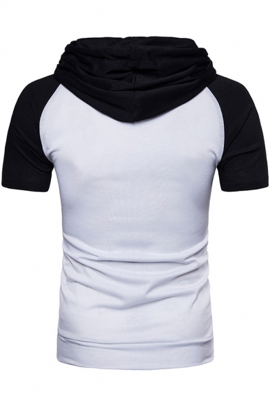 Fashion Colorblock Raglan Short Sleeve Slim Fitted Drawstring Hoodie for Guys