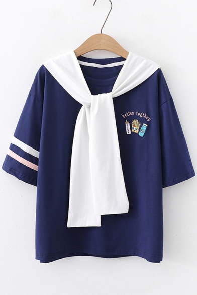Girls Cute Tied Collar Cartoon Letter Chips Embroidered Relaxed T-Shirt