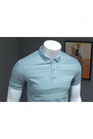 Men's Basic Stripe Patched Short Sleeve Knit Slim Fit Business Polo Shirt