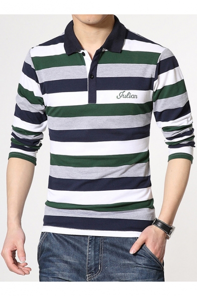 Men's Simple Letter Embroidered Classic Striped Cotton Long Sleeve Polo
