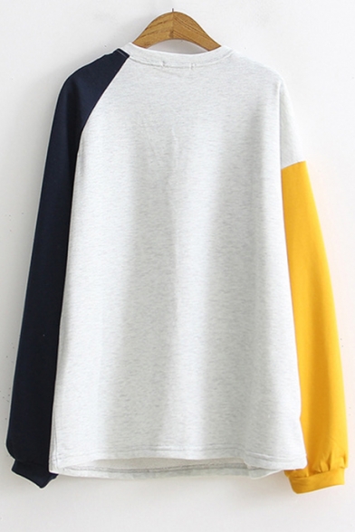 New Stylish Colorblock Long Sleeve Round Neck Loose Casual Pullover Grey Sweatshirt