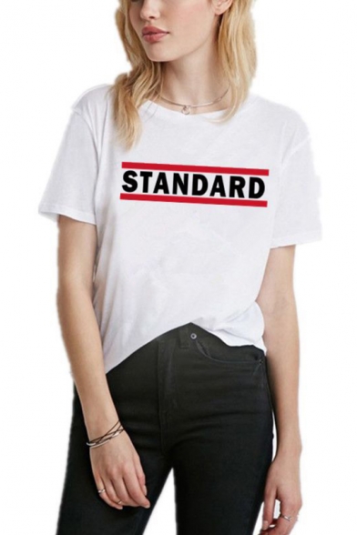 Simple Letter STANDARD Print Round Neck Short Sleeve White T-Shirt