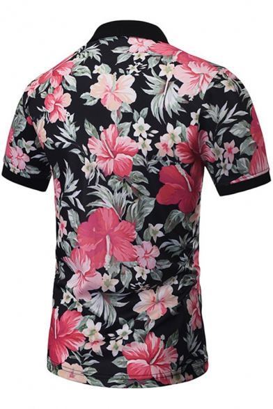 Summer New Stylish Floral Printed Black Short Sleeve Polo Shirt for Teenagers