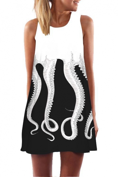 Trendy 3D Octopus Printed Round Neck Casual Loose Black Mini Swing Tank Dress